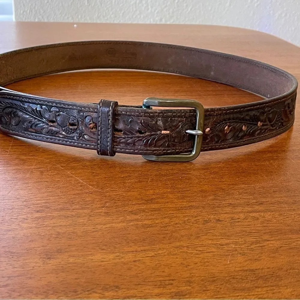 Vintage Chambers Embossed Leather Belt With Acorns and Leaves Brown Tan